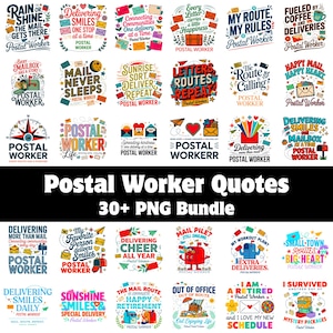 Può includere: Una collezione digitale di oltre 30 design grafici con illustrazioni colorate di buste, cassette postali e pacchi abbinate a varie citazioni motivazionali sui postini, incluse frasi come Rain or Shine e Mail Never Sleeps.