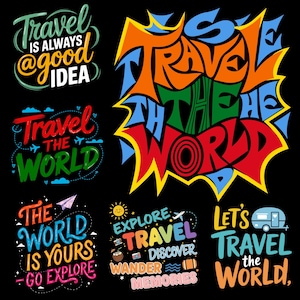 Puede incluir: Una colección de diseños de texto coloridos con temática de viajes sobre un fondo negro. Las frases incluyen "Travel is always a good idea", "Travel the world" y "Explore, travel, discover, wander, memories."