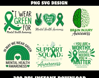 Mental Health Awareness PNG SVG Bundle | Groovy Green Ribbon Support Design | Fight Stigma Sublimation