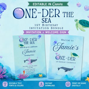 One-der the Sea Birthday Bundle | Editable Canva Invitation & Welcome Sign | Ocean First Birthday | Instant Download
