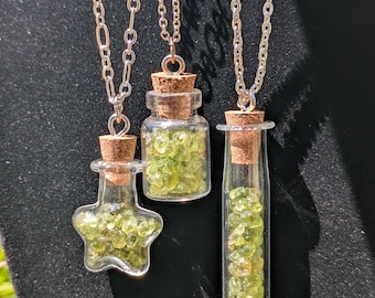Peridot Crystal Glass Cork Jar Pendant Necklaces