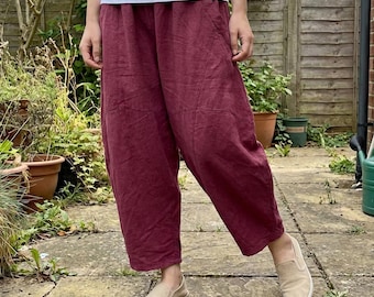 Cotton Ramie 3/4 Length Lantern Trousers: Retro Cottage Elastic Waist Summer Pants