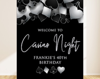 Printable Casino Themed Welcome Signs, Poker Party Sign, Welcome Sign, Instant Download, Silver and Black Sign, Las Vegas Themed Party sign