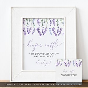 Digital diaper raffle sign and card for lavender wildflower baby shower featuring watercolor illustrations of wildflowers on a soft purple background.