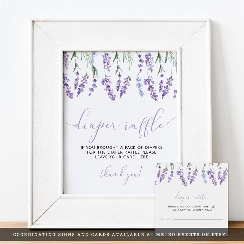 Digital diaper raffle sign and card for lavender wildflower baby shower featuring watercolor illustrations of wildflowers on a soft purple background.