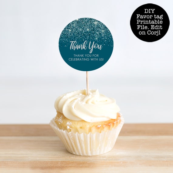 Teal and Silver Glitter Favor Tag, Round Gift Tags, Editable Gift Labels, Printable Favor Tag, Gift Tag, Corjl Template, Glitter Favor Tags Il_570xn