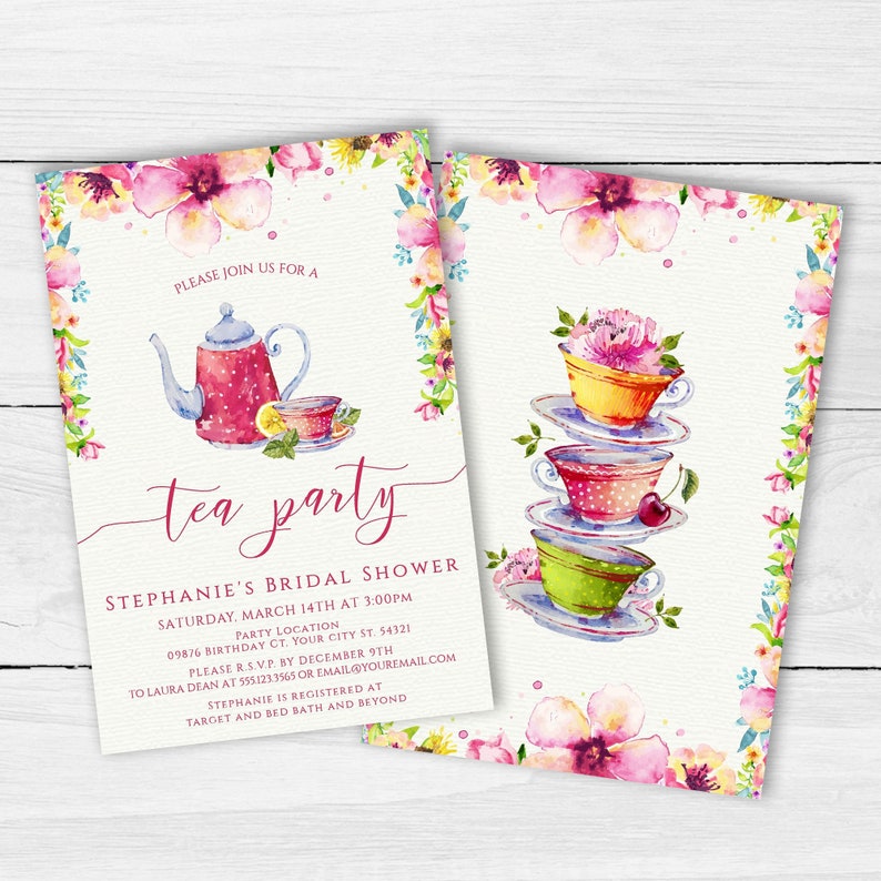 Floral Tea Party Invitations. Designed with a pink floral teacup and teapot with floral accents on a lightly textured background. Designed By MetroEvents