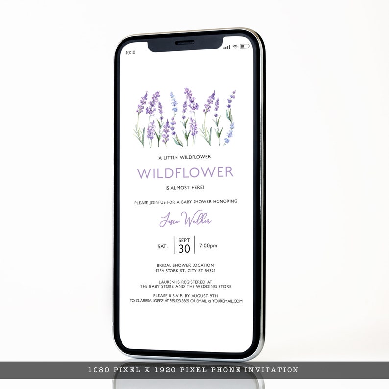 Digital evite for lavender wildflower baby shower featuring watercolor illustrations of wildflowers on a soft purple background.
