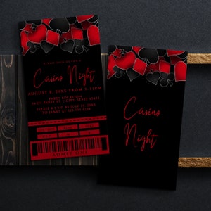 May include: Two rectangular Casino Night event tickets featuring a black background with red and black playing card suit symbols at the top. The left ticket includes text details for an August 8 event, a section, row, and seat box, and a barcode.