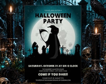 Grim Reaper Halloween Invitation, Graveyard Party Invite, Editable Halloween Template, Scary Costume Party Invitation, Corjl Printable