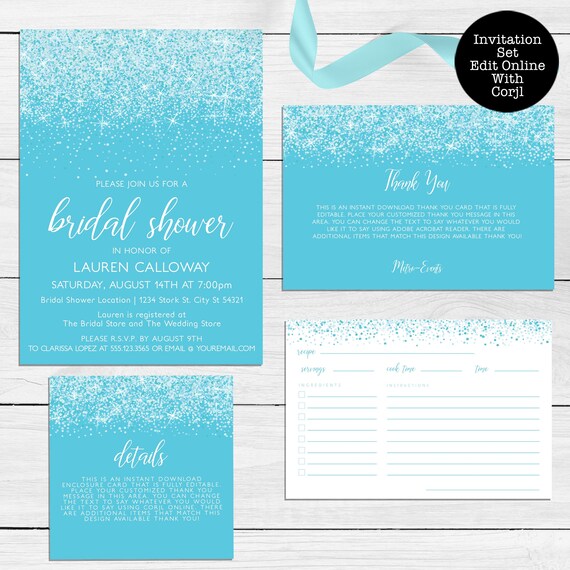 Aqua Glitter Bridal Shower Invitation Set, Printable Invitations, Editable Files, Recipe Card, Instant download, Corjl Template, Printable Il_570xn