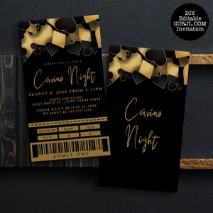 Casino night party ticket invitation designed with hearts, diamonds, clubs, and spades framing the top in red and black. Designed By MetroEvents.