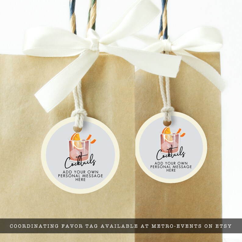 Minimalist Cocktail Party Tags. A classy cocktail glass garnished with an orange and retro typography. Designed by MetroEvents.
