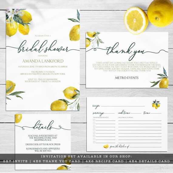 Lemon Bridal Shower Invitations Set | Invitation | Thank You Card | Enclosure Card | Recipe Card | Printable File | Instant Download Il_570xn
