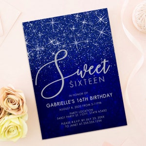 Blue and Silver Glitter Sweet Sixteen Party Invitation, Sweet 16 Printable Invitation, Printable Invite, Royal Blue Sweet 16, Corjl Template