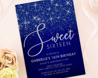 Blue and Silver Glitter Sweet Sixteen Party Invitation, Sweet 16 Printable Invitation, Printable Invite, Royal Blue Sweet 16, Corjl Template