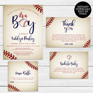 Vintage Baseball Baby Shower Invitation Kit. Invitations, Thank you Cards, Books for Baby, Diaper Raffle Cards. MetroEvents Party Decor