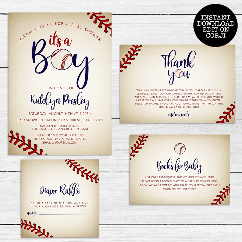 Vintage Baseball Baby Shower Invitation Kit. Invitations, Thank you Cards, Books for Baby, Diaper Raffle Cards. MetroEvents Party Decor