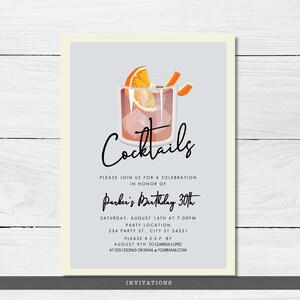 Minimalist Cocktail Party Invitation. A classy cocktail glass garnished with an orange and retro typography. Designed by MetroEvents.