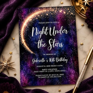 May include: A party invitation with a galaxy-themed design. The invitation features the text "Night Under the Stars" and details for a 16th birthday celebration, including the date, time, location, and RSVP information. The background is a mix of purple, blue, and gold.