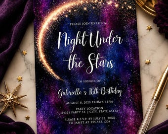 May include: A party invitation with a galaxy-themed design. The invitation features the text "Night Under the Stars" and details for a 16th birthday celebration, including the date, time, location, and RSVP information. The background is a mix of purple, blue, and gold.