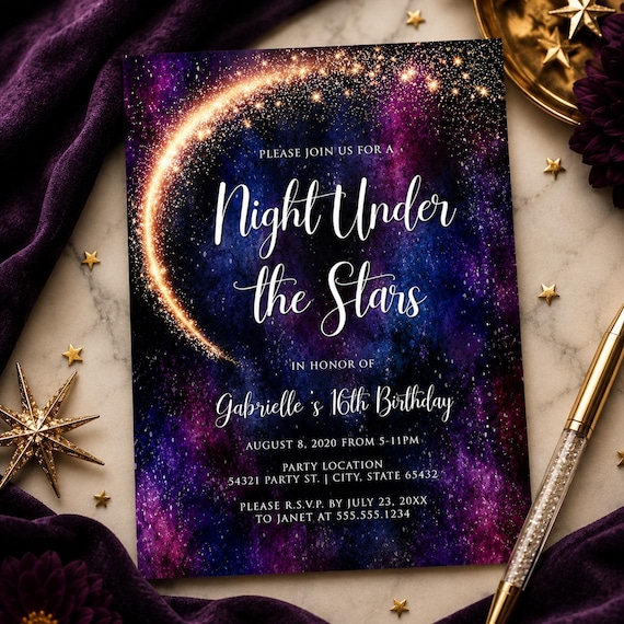 Night Under the Stars Invitation, Celestial Birthday Invite, Galaxy Sweet 16 Template, Starry Night Party, Editable Corjl Invitation