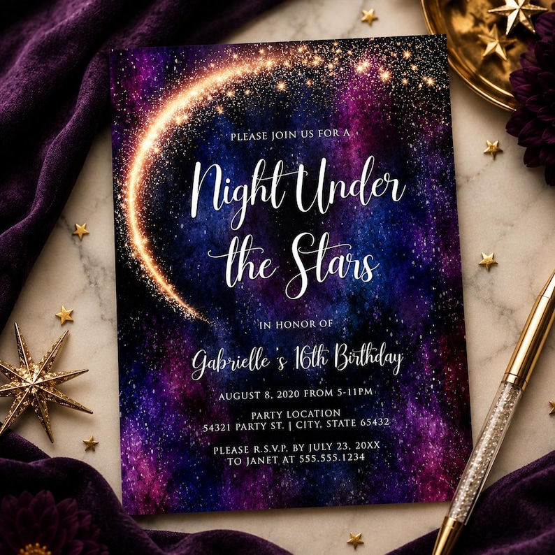 May include: A party invitation with a galaxy-themed design. The invitation features the text "Night Under the Stars" and details for a 16th birthday celebration, including the date, time, location, and RSVP information. The background is a mix of purple, blue, and gold.