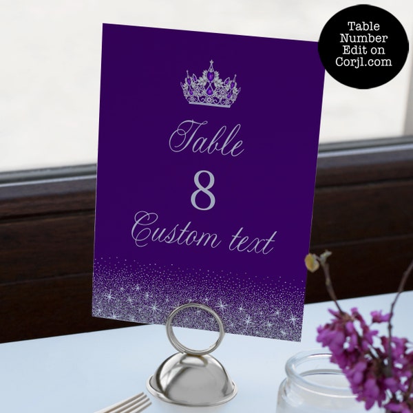 Purple and Silver Glitter Table Number, Glitter Table Decor, Printable Table Number, Purple Table Number, Princess Themed, Corjl Template