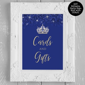 Gold and Blue Glitter Cards and Gift Signs, Editable Party Sign, Instant Download, Blue Glitter Signs, Printable Party Sign, Corjl Template