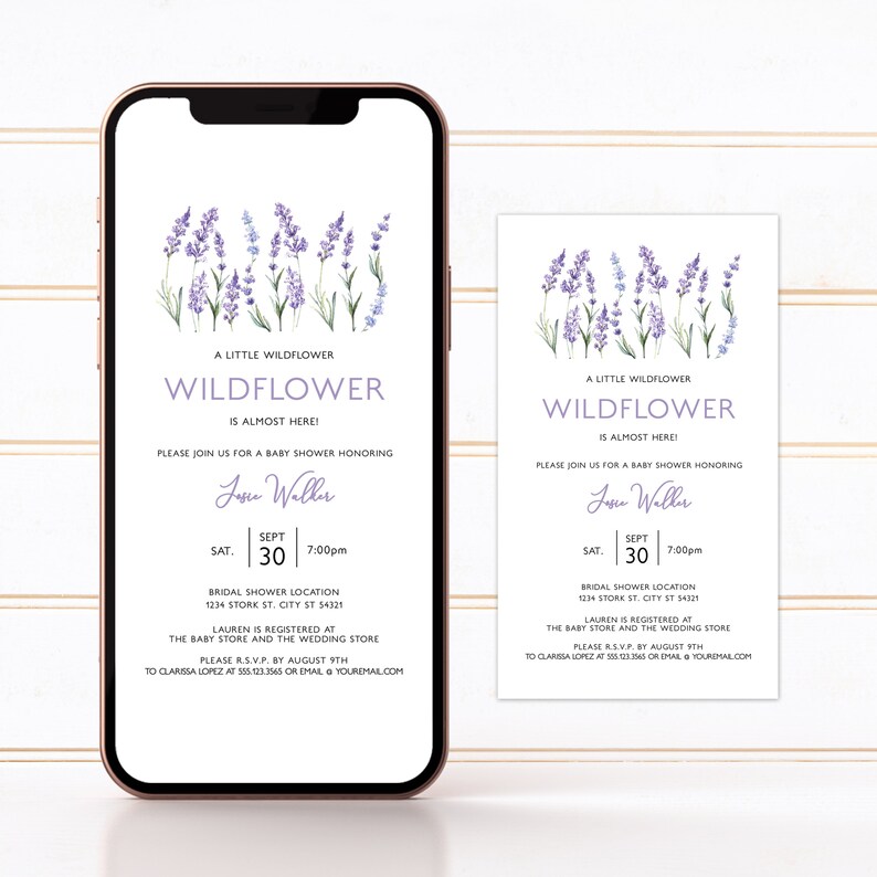 Digital evite for lavender wildflower baby shower featuring watercolor illustrations of wildflowers on a soft purple background.