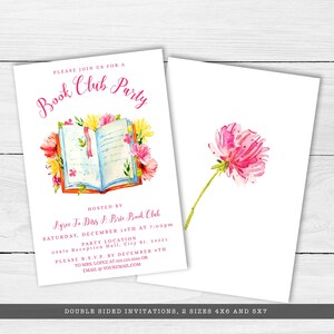 May include: Double-sided invitation for a book club party. The front features a watercolor illustration of an open book with flowers. The back features a single pink flower. The text reads "Please join us for a Book Club Party" and "Agree To Diss A Brie Book Club".
