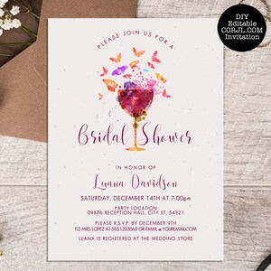 Butterfly Wine Glass Bridal Shower Invitation, Watercolor (Corjl Template) image 1