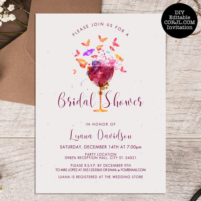 Butterfly Wine Glass Bridal Shower Invitation, Watercolor (Corjl Template) image 1
