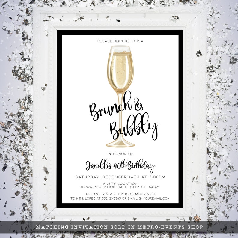 Champagne Brunch, Champagne Themed Invitations. Created with a gold champagne glass with a white background and black outline. Designed By MetroEvents
