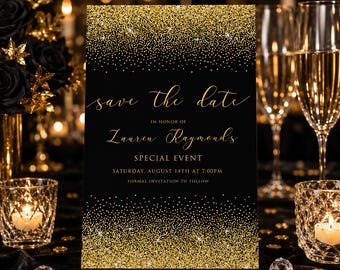 Black Gold Save The Date Card, Editable Birthday Save The Date, 30th Birthday Announcement, Glam Party Invitation