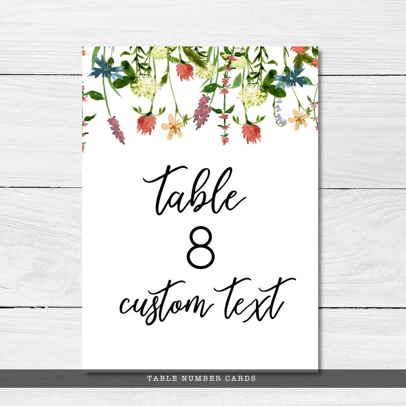 Pode incluir: Um cart&atilde;o de n&uacute;mero de mesa branco com detalhes florais em aquarela. O cart&atilde;o apresenta a palavra "Table" acima do n&uacute;mero "8" e as palavras "custom text". A parte inferior do cart&atilde;o diz "TABLE NUMBER CARDS".