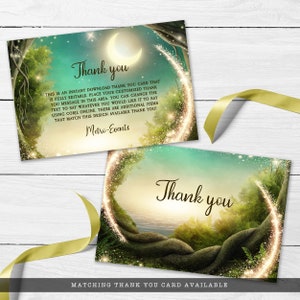Enchanted Evening themed party. A magical thank you card created with a mystical background and glitter streaming through the bottom. Designed by MetroEvents