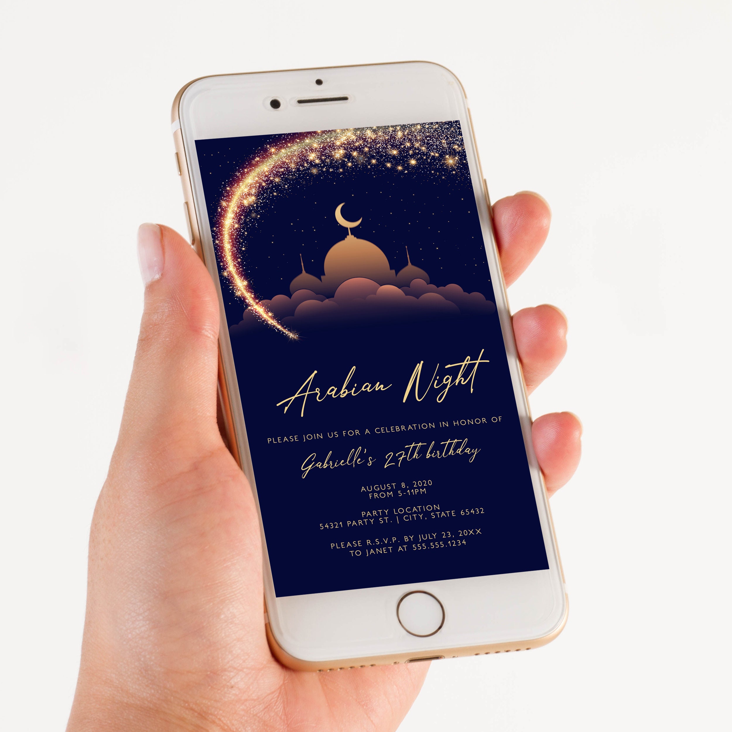 Editable Arabian Night Themed For Birthday prom and special events Evite Text Invitation Electronic Smartphone Invitation Corjl Template SMS