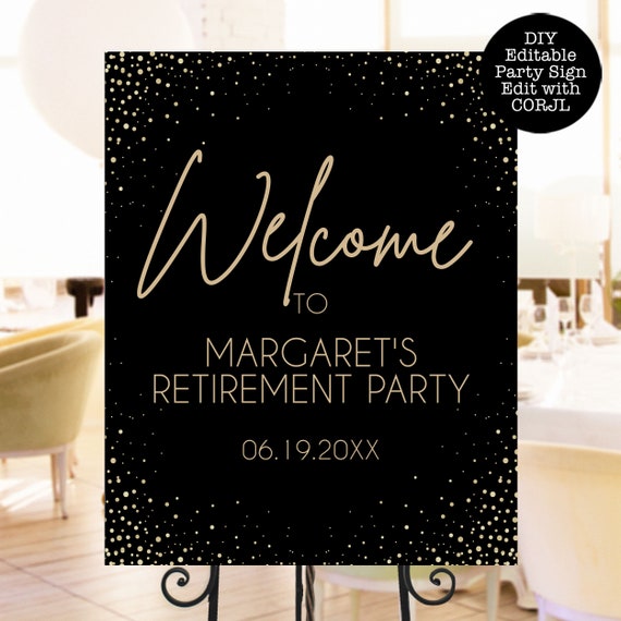 Black and Gold Retirement Party Sign, Printable Welcome Sign, Editable Retirement Party Sign, Instant download Il_570xn