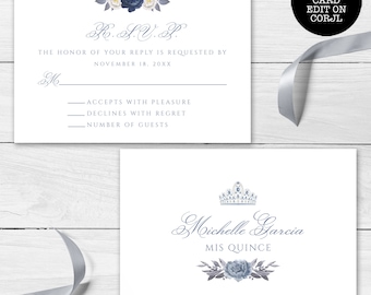 Blue Floral RSVP Card Template, Silver Details (Instant Download)