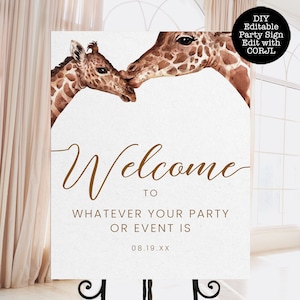 Giraffe Welcome Sign, Safari Baby Shower Sign, Animal Welcome Sign, Editable Welcome Sign, Instant download, Jungle Welcome Signs, Corjl