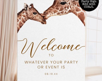 Giraffe Welcome Sign, Safari Baby Shower Sign, Animal Welcome Sign, Editable Welcome Sign, Instant download, Jungle Welcome Signs, Corjl