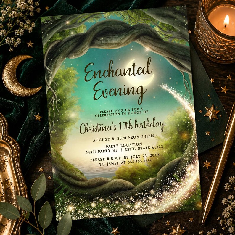 May include: A rectangular invitation card featuring a forest scene with twisted tree branches forming an archway, a crescent moon, and glowing sparkles. The text reads: Enchanted Evening, Please join us for a celebration in honor of Christina's 17th birthday.