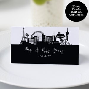 Vegas Baby! This black-and-white escort card is created with a silhouette of the Las Vegas Skyline. Perfect for your Vegas vacation. Designed By MetroEvents.