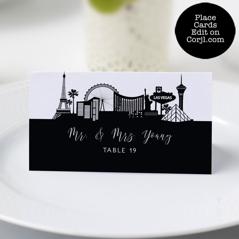Vegas Baby! This black-and-white escort card is created with a silhouette of the Las Vegas Skyline. Perfect for your Vegas vacation. Designed By MetroEvents.