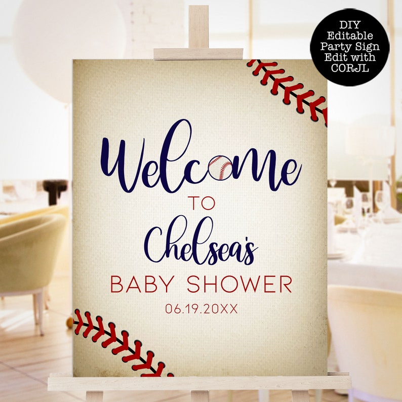 Vintage Baseball Baby Shower Welcome Signs. Created with a vintage texture background accented with baseball laces. Designed by MetroEvents.