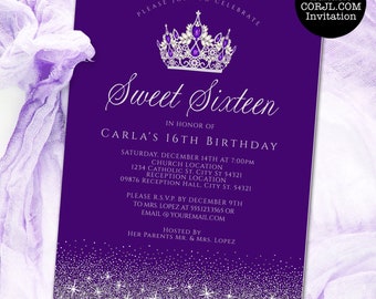 Purple and Silver Glitter Sweet Sixteen Invitations, Sweet 16 Invitations, Sweet 16 Crown Invitations, Printable Invitation Corjl Template