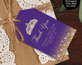 Purple and Gold Glitter Favor Tags, Purple Glitter Tags, Purple Glitter Favor Tag, Printable Thank You Tag, Purple Gift Tag, Purple Gift Tag