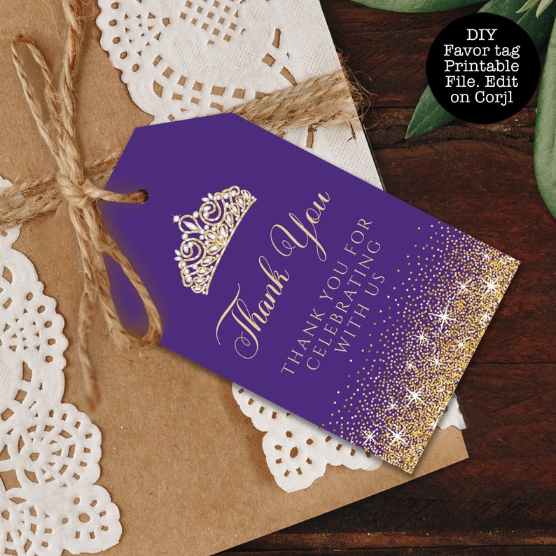 Purple and Gold Glitter Favor Tags, Purple Glitter Tags, Purple Glitter Favor Tag, Printable Thank You Tag, Purple Gift Tag, Purple Gift Tag image 1