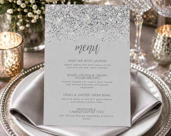 Silver Glitter Dinner Menu, Editable Food Menu Card, Printable Wedding Menu, Bridal Shower Menu, Birthday Dinner Menu, Instant Download